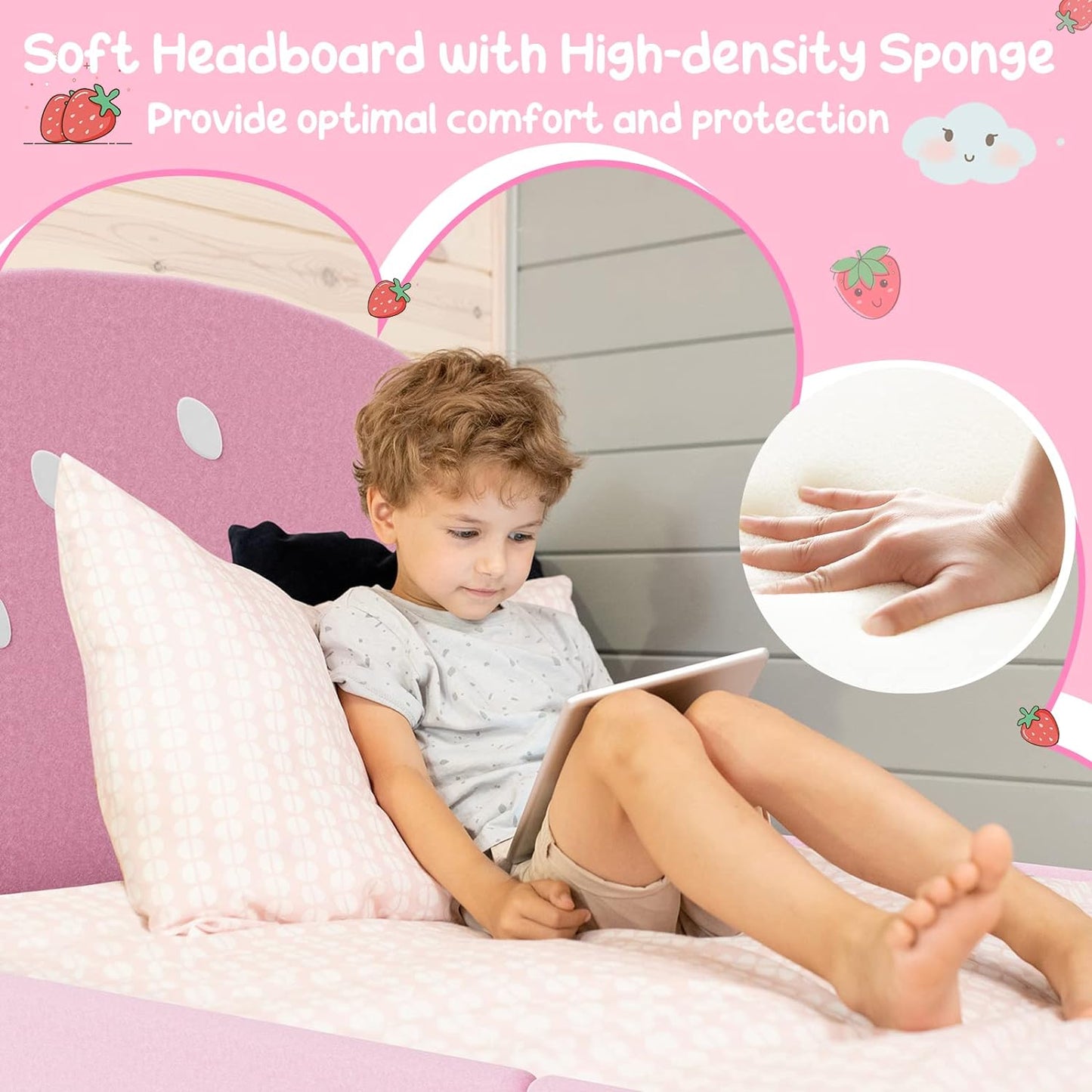 Twin Bed Frames for Kids, Toddler Wooden Twin Bed Platform W/Headboard & Slat Base, No Box Spring Needed, Children Bedroom Furniture for Boys Girls, Fits Standard Twin Mattress, Strawberry