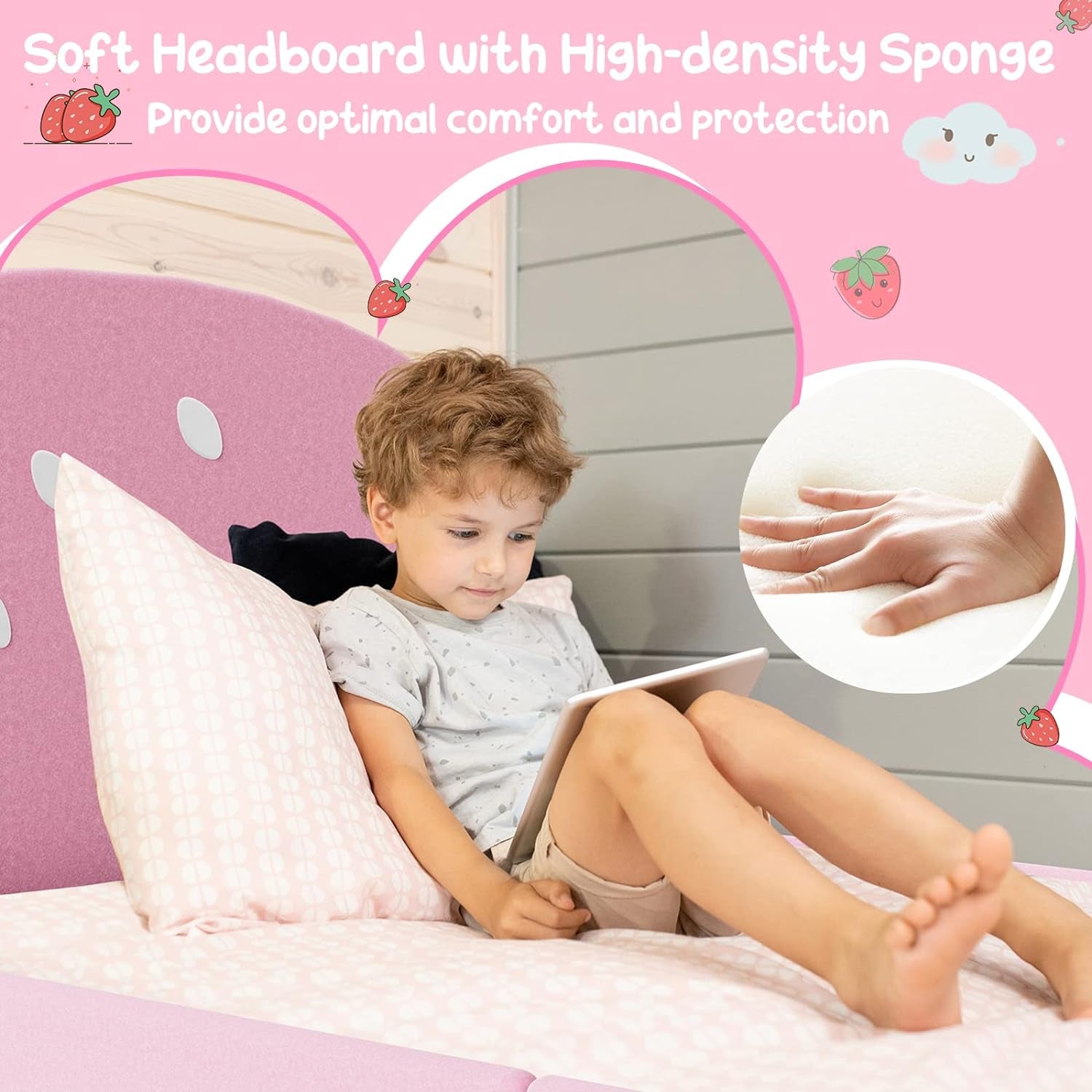 Twin Bed Frames for Kids, Toddler Wooden Twin Bed Platform W/Headboard & Slat Base, No Box Spring Needed, Children Bedroom Furniture for Boys Girls, Fits Standard Twin Mattress, Strawberry