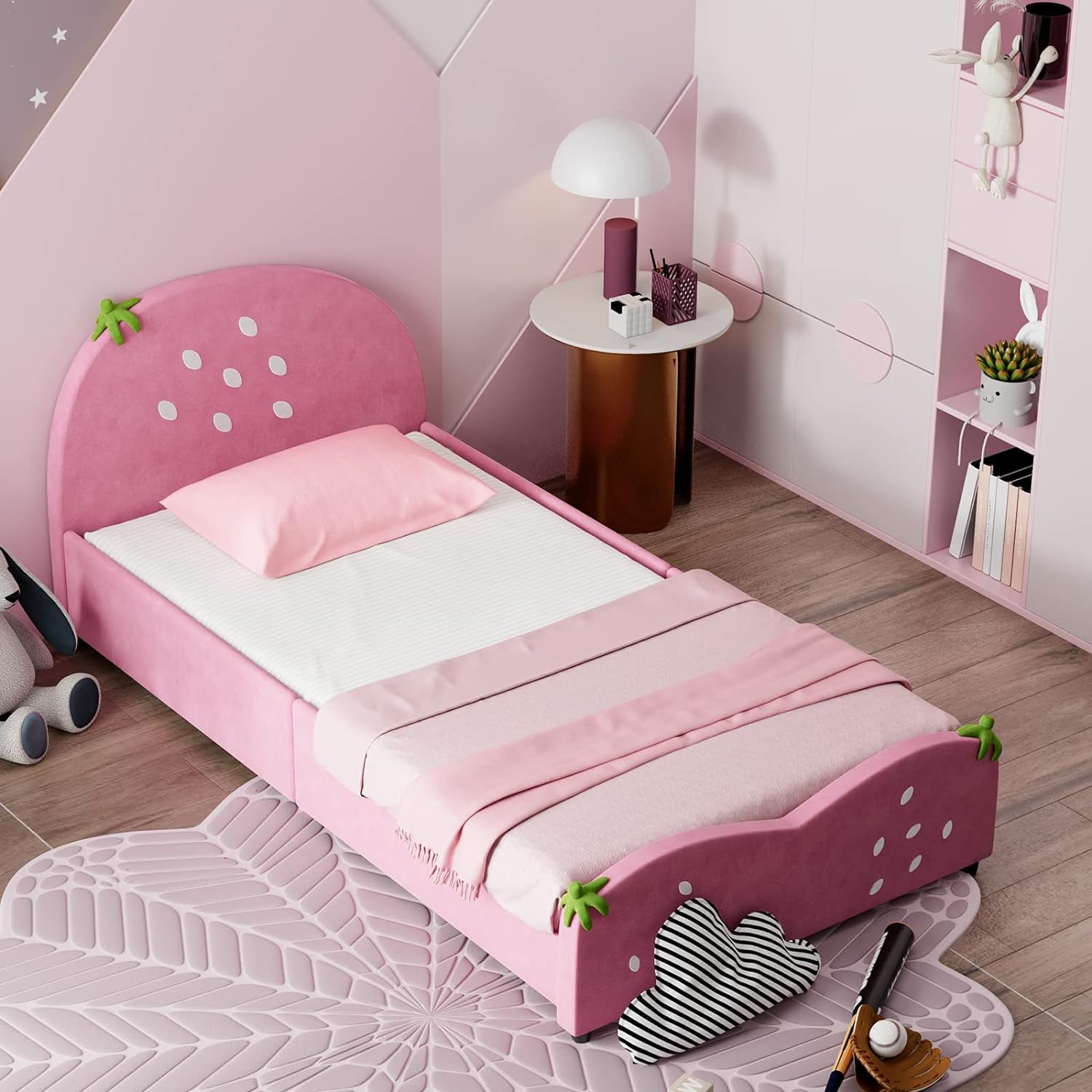 Twin Bed Frames for Kids, Toddler Wooden Twin Bed Platform W/Headboard & Slat Base, No Box Spring Needed, Children Bedroom Furniture for Boys Girls, Fits Standard Twin Mattress, Strawberry