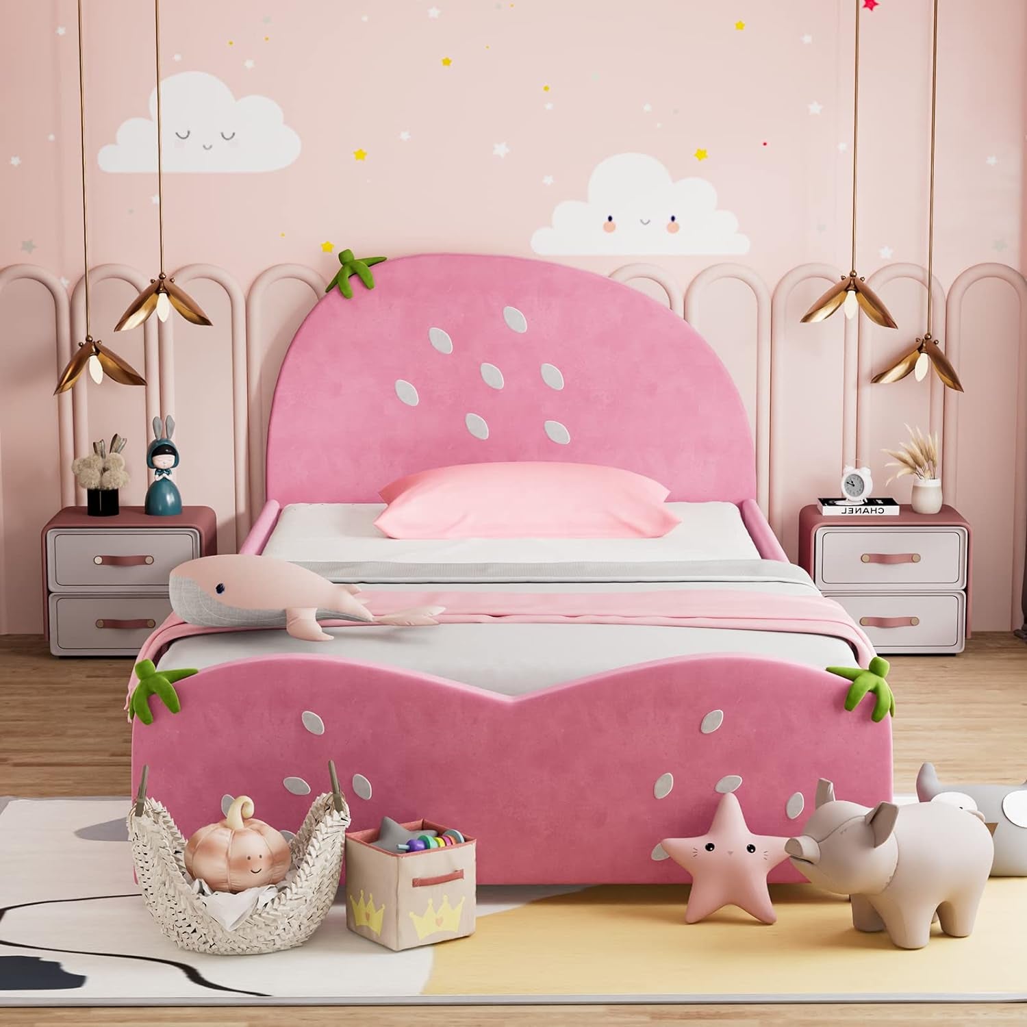 Twin Bed Frames for Kids, Toddler Wooden Twin Bed Platform W/Headboard & Slat Base, No Box Spring Needed, Children Bedroom Furniture for Boys Girls, Fits Standard Twin Mattress, Strawberry