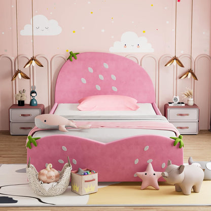 Twin Bed Frames for Kids, Toddler Wooden Twin Bed Platform W/Headboard & Slat Base, No Box Spring Needed, Children Bedroom Furniture for Boys Girls, Fits Standard Twin Mattress, Strawberry