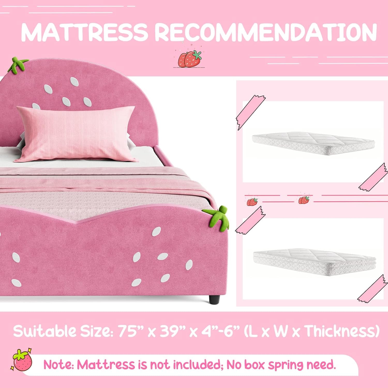 Twin Bed Frames for Kids, Toddler Wooden Twin Bed Platform W/Headboard & Slat Base, No Box Spring Needed, Children Bedroom Furniture for Boys Girls, Fits Standard Twin Mattress, Strawberry