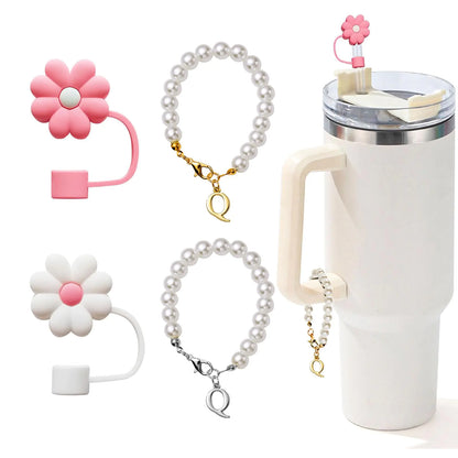 LUHOHI 4pcs Charms for Stanley Cup，Pearl Chain Accessories Stanley Cup Initial Letter Charms for Handle with 2pcs straw covers Stuff Decor Water Bottle Jewelry Tumbler Personalized Decorations ID Q