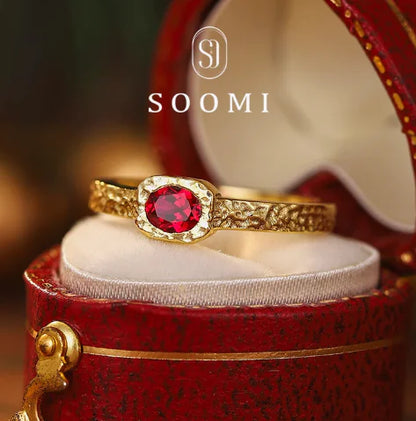 925 Silver Hammered Ring with Pigeon Blood Gemstone