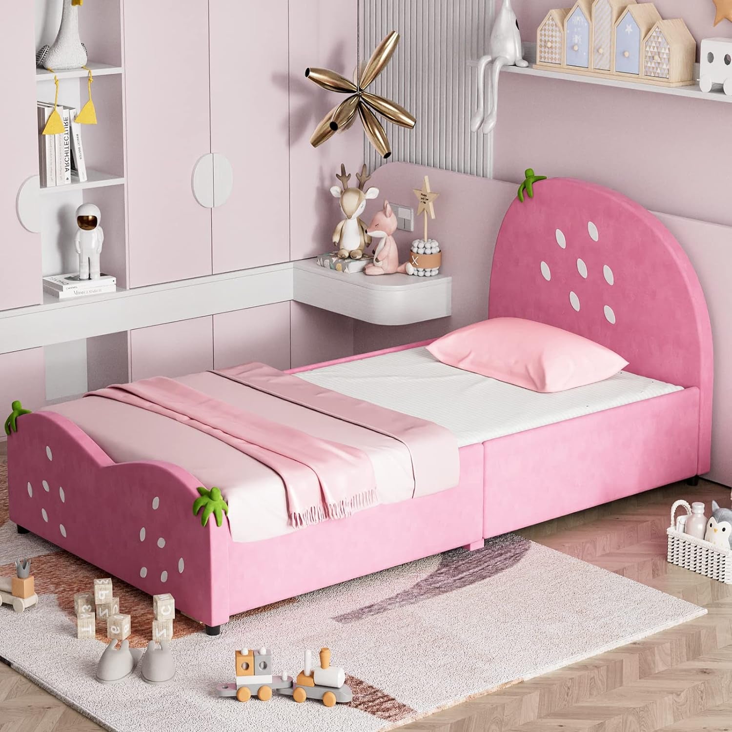 Twin Bed Frames for Kids, Toddler Wooden Twin Bed Platform W/Headboard & Slat Base, No Box Spring Needed, Children Bedroom Furniture for Boys Girls, Fits Standard Twin Mattress, Strawberry