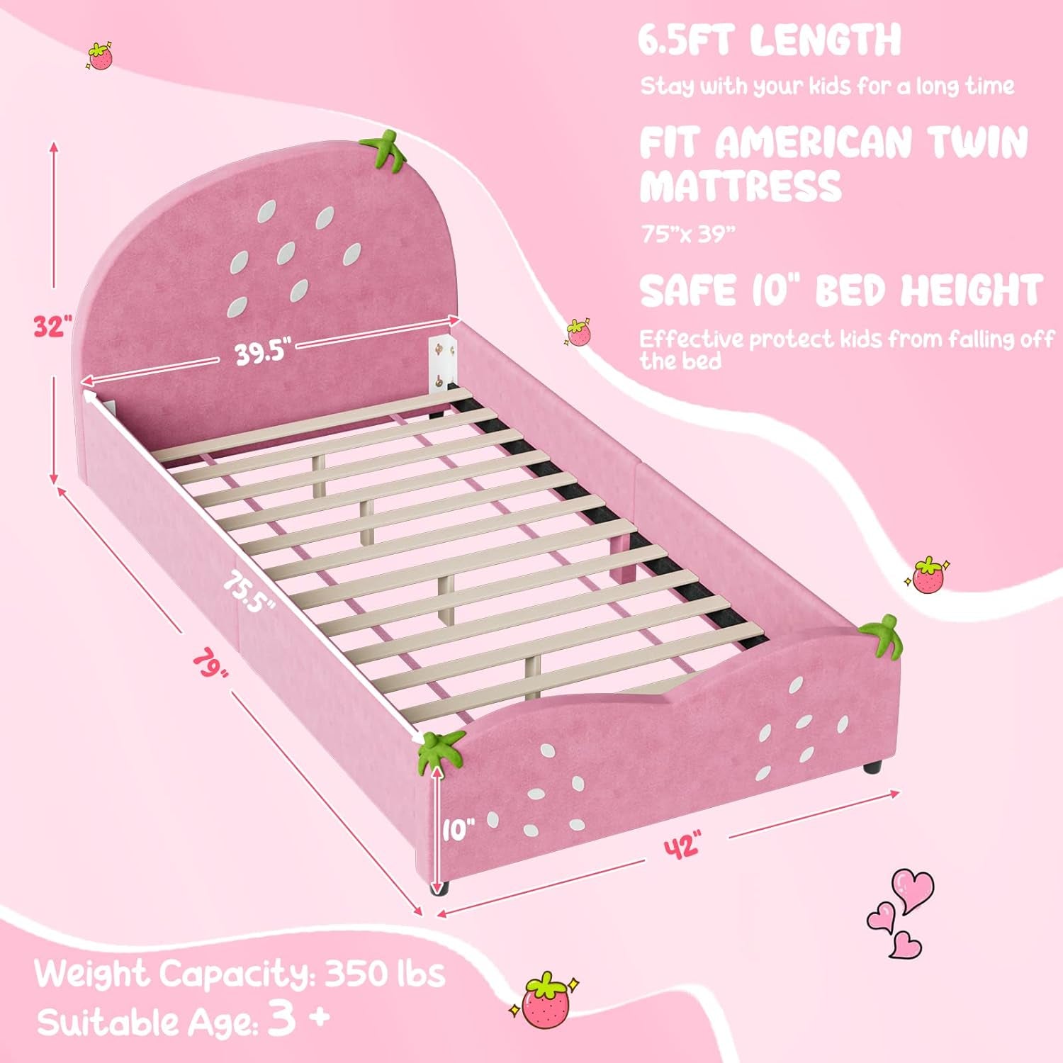 Twin Bed Frames for Kids, Toddler Wooden Twin Bed Platform W/Headboard & Slat Base, No Box Spring Needed, Children Bedroom Furniture for Boys Girls, Fits Standard Twin Mattress, Strawberry