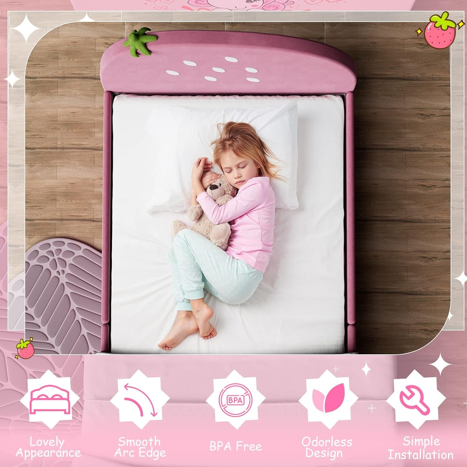 Twin Bed Frames for Kids, Toddler Wooden Twin Bed Platform W/Headboard & Slat Base, No Box Spring Needed, Children Bedroom Furniture for Boys Girls, Fits Standard Twin Mattress, Strawberry