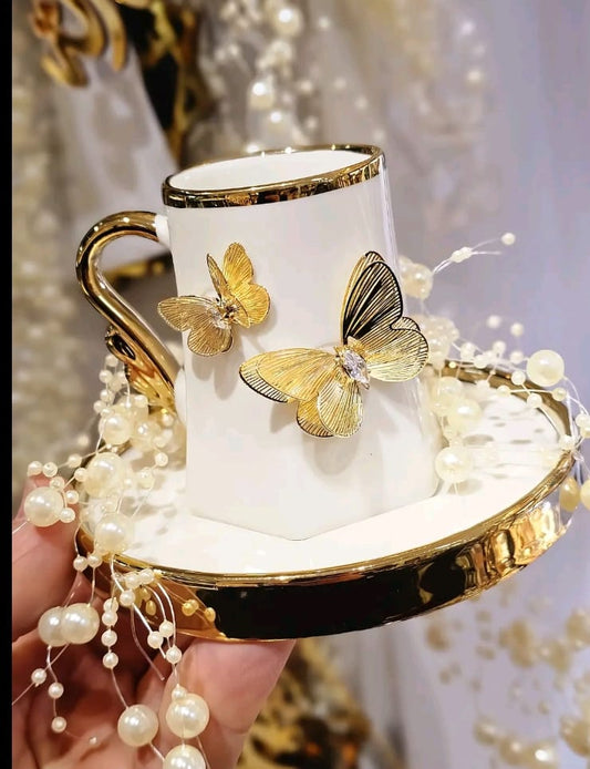 Luxury Gold Butterfly Ceramic Mug with Plate – Elegant Gift Set